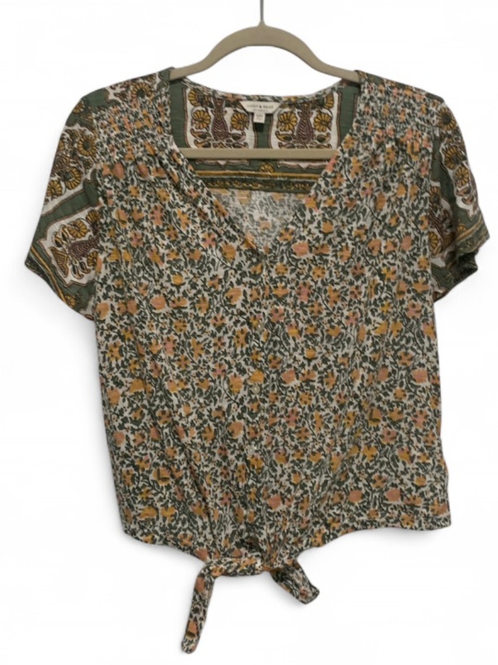 Lucky Brand Green Yellow Boho Floral Tie-Front V-Neck Short Sleeve Top